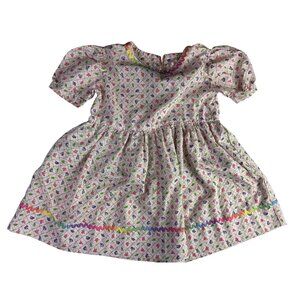 Vintage Kids Handmade Floral Girls Dress With Rainbow Trim Puff Sleeves Darling